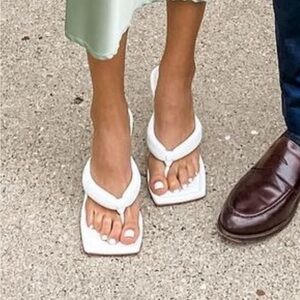 Trendy white square-toe flip flop heels